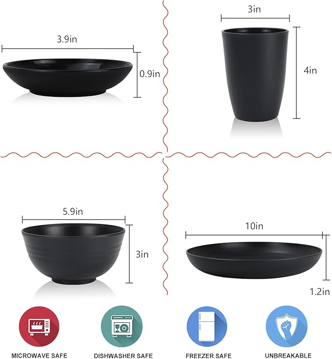Wheat straw dinnerware sets of 16-10 inches plates,26oz bowls,2oz dipping bowls,12ozcups - Unbreakable plates and bowls sets microwave safe and dishwasher safe,service for 4. Black
