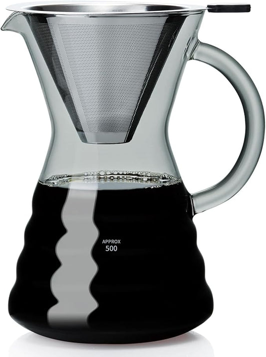 Unbreakable - Pour Over Coffee Maker with Permanent Stainless Filter 32 fl oz, Thickened Heat-Resistant Borosilicate Glass Dripper Coffee Brewer, Stovetop Safe, Ink