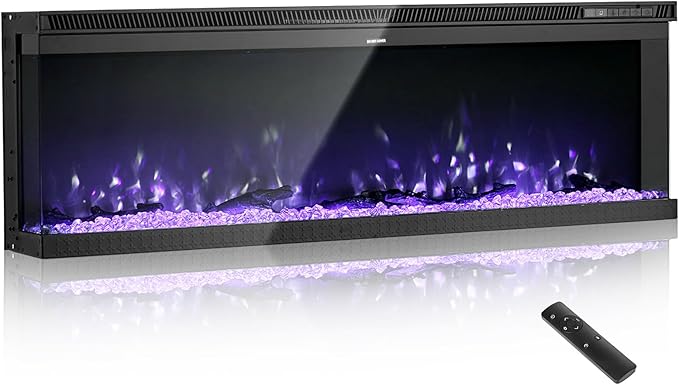 VEVOR 60 inch Electric Fireplace, Three-Sided Glass Wall Mounted Recessed Fire Place with Remote Control, Timer, 1500W, Adjustable Flame Color Brightness,Overheat Protection, for Living Room,Bedroom