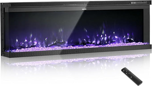 VEVOR 60 inch Electric Fireplace, Three-Sided Glass Wall Mounted Recessed Fire Place with Remote Control, Timer, 1500W, Adjustable Flame Color Brightness,Overheat Protection, for Living Room,Bedroom