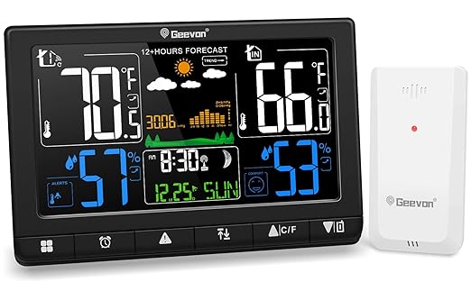 Geevon Weather Stations Wireless Indoor Outdoor with Atomic Clock, Color VA Display Digital Temperature Humidity Monitor with Barometer, Comfort Indicator, and Adjustable Backlight