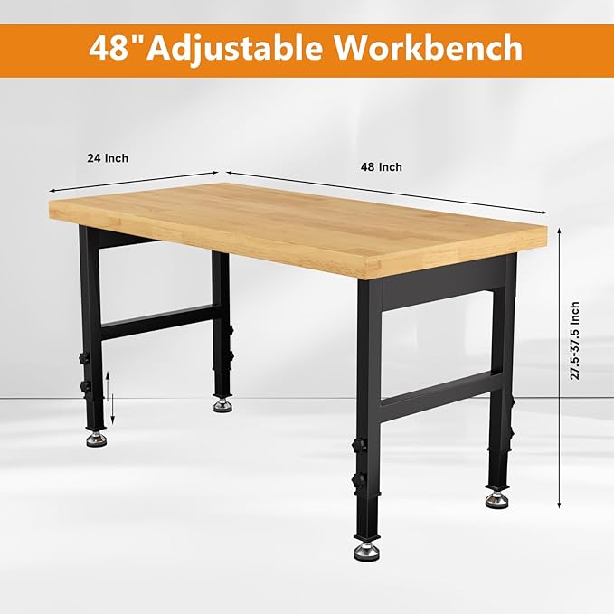 Solid Wood 48" Work Bench, Adjustable Height Workbench, Heavy-Duty Work Table, 2000 LBS Load Capacity Workstation for Garage, Workshop, Office, Home(48" X 24")