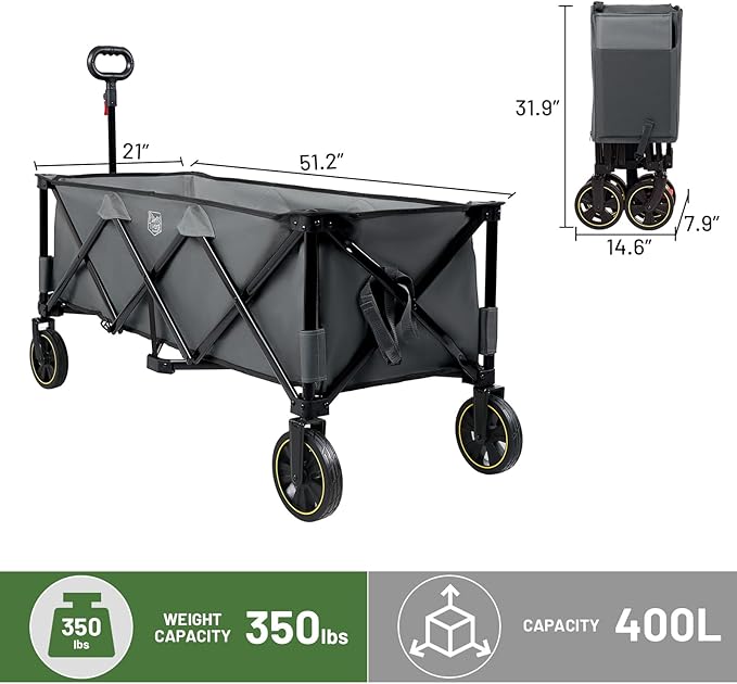 TIMBER RIDGE 51.2'' Extended Collapsible Wagon Cart with Brakes and Cargo Net, 350LBS Heavy Duty Foldable Utility Wagon with Adjustable Handle, 400L Capacity Portable Cart for Camping Sports Shopping