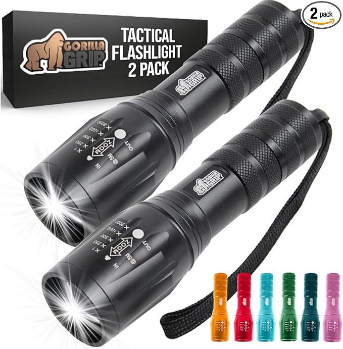 GORILLA GRIP Powerful LED Tactical Flashlight, 750 FT High Lumens 5 Adjustable Modes, Water Resistant, Ultra Bright Zoom Flashlights, Small Mini Flash Light, Camping, Night Dog Walking, 2 Pack Black