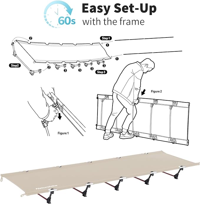 Naturehike Ultralight Camping Cot, Easy to Assemble Folding Tent Cot, Compact & Protable Camping Bed for Camping, Mountaineering, & Hiking, Supports 330lbs with Carry Bag, Kahki