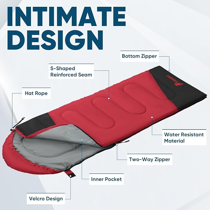 PTEROMY Sleeping Bags for Adults, Lightweight Water Resistant Backpacking Camping Sleeping Bag for Warm Cold Weather, Camping Essentials for Hiking Outdoor Travel
