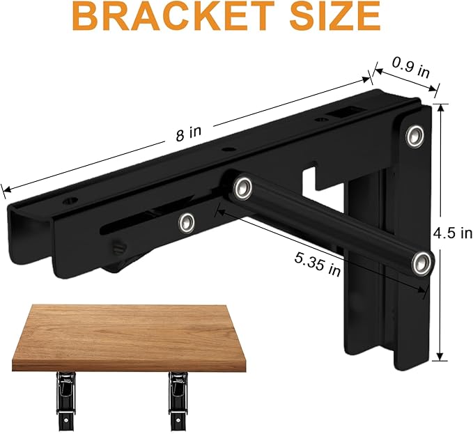 Storystore Folding Shelf Brackets - 8 Inch Heavy Duty Metal Collapsible Shelf Bracket for Bench Table, Shelf Hinge Wall Mounted Space Saving DIY Bracket, Max Load: 150 lb (2 PCS, Black)