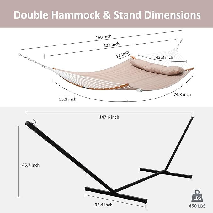 SUNCREAT 55 Inch Large Double Hammock with Stand, 450lbs Capacity, Outdoor Portable Hammock with Curved Spreader Bar, Extra Large Pillow, Tan