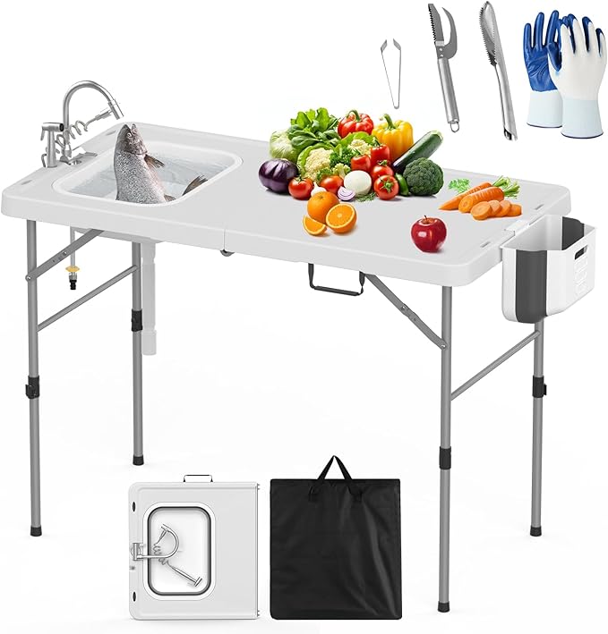 HLPB Fold in Half Folding Fish Cleaning Table with Sink, Foldable Protable Camping Sink Table with Drainage Hose & Fish Cleaning Kit, Fish Fillet Cutting Desk for Picnic Patio Backyard BBQ, White