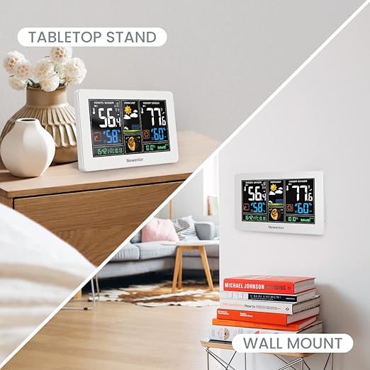 Newentor Weather Station Wireless Indoor Outdoor Thermometer, Color Display Digital Weather Thermometer with Atomic Clock, Barometric Pressure, Forecast Station with Adjustable Backlight, White