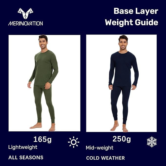 MERINNOVATION Merino Wool Base Layer Set for Men 100% Merino Wool Thermal Underwear Long Sleeve