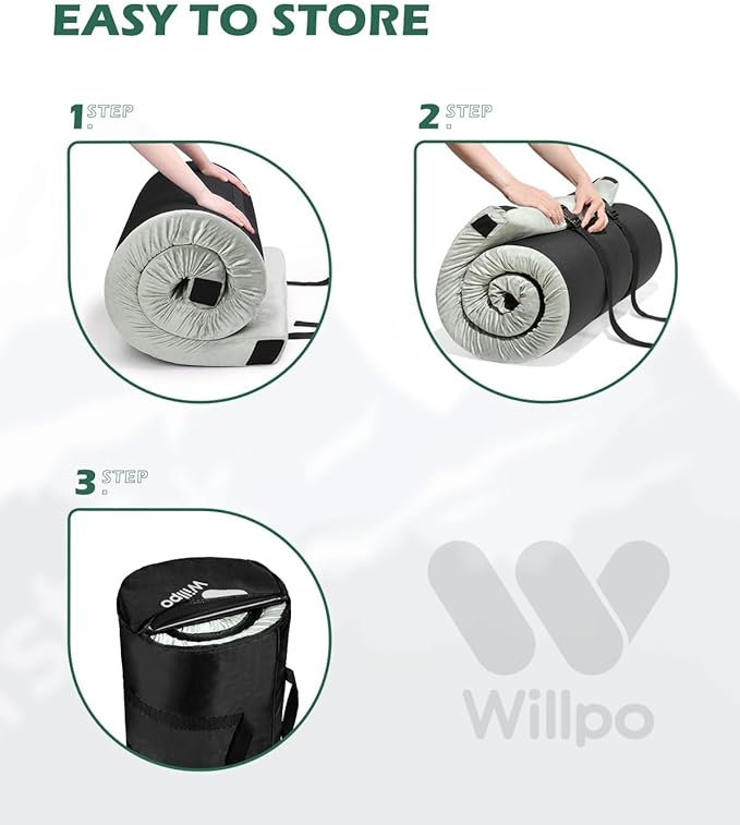 Willpo CertiPUR-US Memory Foam Camping Mattress with Travel Bag and 2 Interchangeable Covers, Lightweight Portable Sleeping Pad for Tents, Guest Beds, Home