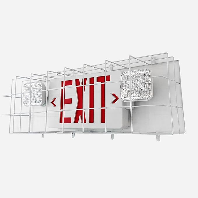 TANLUX Exit Sign Combo with Steel Cage, Square Light Head, Wall Mounted Emergency Exit Light with Protective Wire Guard, Red Exit Sign with Emergency Lights