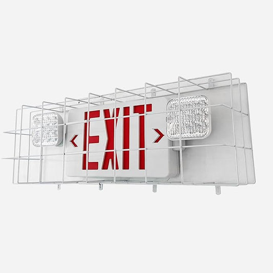 TANLUX Exit Sign Combo with Steel Cage, Square Light Head, Wall Mounted Emergency Exit Light with Protective Wire Guard, Red Exit Sign with Emergency Lights