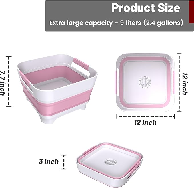 Collapsible Dish Basin, 9L Capacity, Portable Sink for Kitchen, Camping, RV, Gray (Pink)