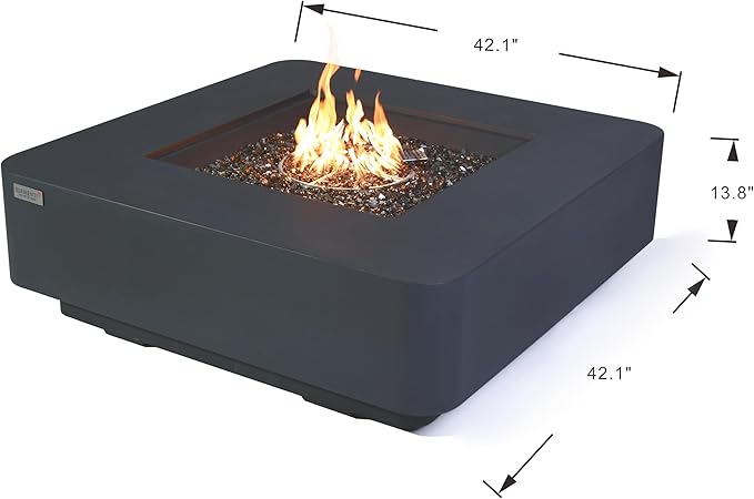 Elementi+ | Bergamo Gas Fire Pit Cast Concrete 42" Square Fire Table, Outdoor Fire Pit Electronic Ignition | Canvas Cover, Fire Glass and Burner Lid Included | Dark Gray | Natural Gas