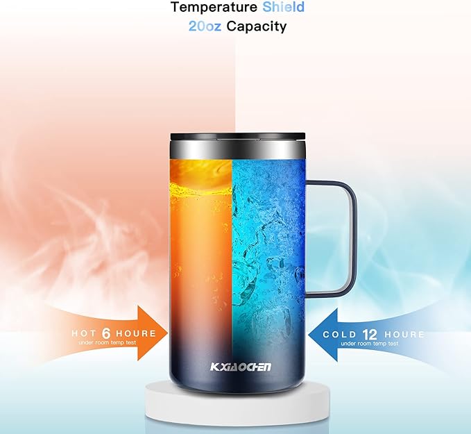 KXIAOCHEN 20oz Insulated Coffee Mug with Lid, Stainless Steel Coffee Cup, Double Wall Vacuum Coffee Tumbler with Handle, Premium Thermal Travel Coffee Mug (Navy blue 2Pack)