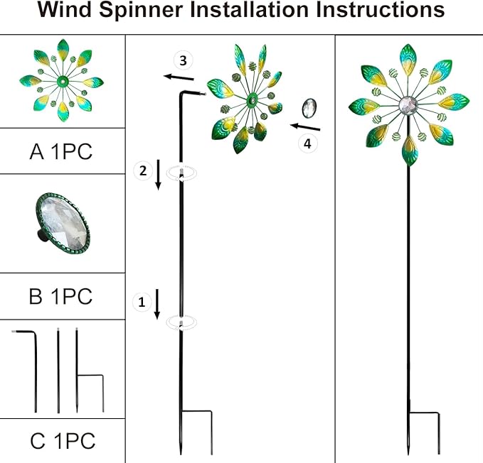 Metal Peacock Wind Spinner for Outdoor Garden Decor - 36 Inch Height Feather Wind Catcher with Stake, Lawn & Patio Art, Weather-Resistant Yar