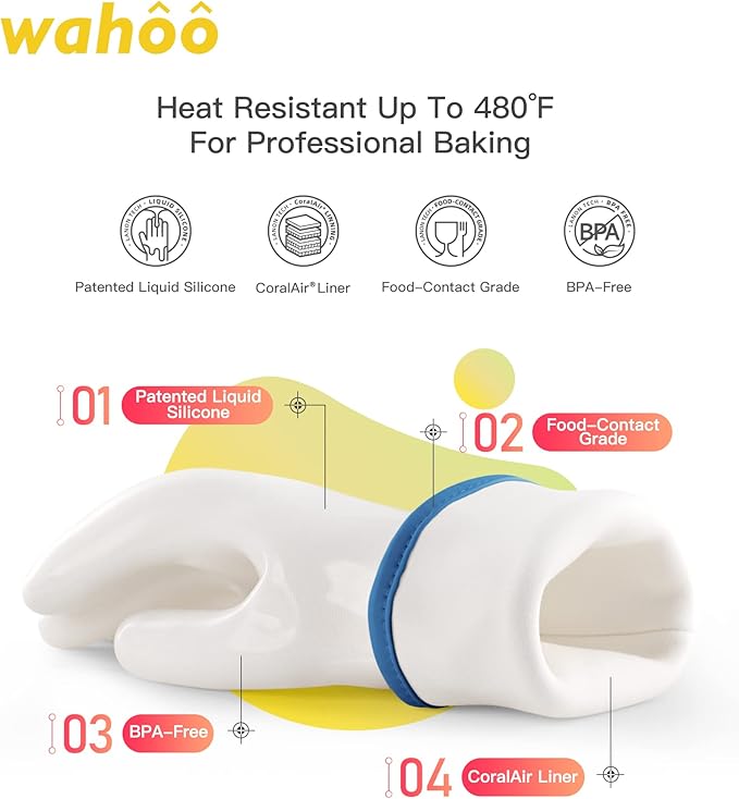 wahoo Professional Liquid Silicone Oven Mitts Gloves, Heat Resistant Gloves for Cooking, Baking, CoralAir Liner, 12 Inch, White, Medium