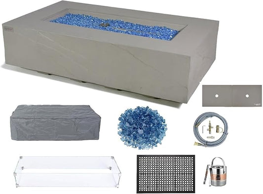 Elementi+ | Bundle Meteora Gas Fire Pit Cast Concrete 56" Rectangular Fire Table, Outdoor Fire Pit Electronic Ignition | Canvas Cover, Fire Glass and Burner Lid Included | Light Gray | Natural Gas