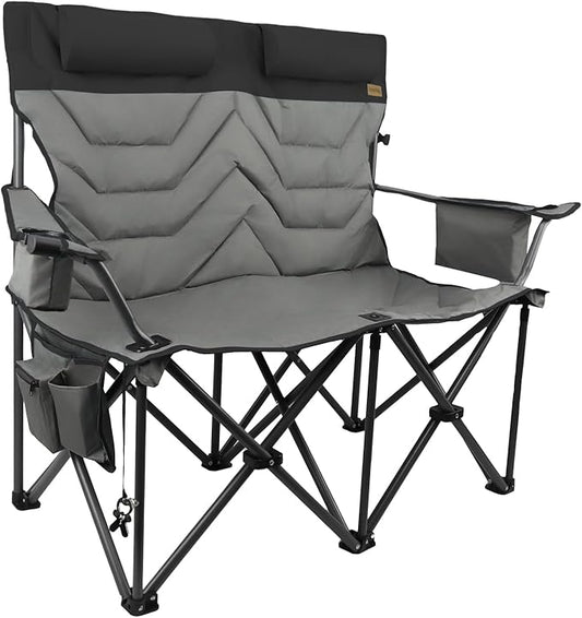 Folding Camping Chair - Oversize Camping Chairs for Adults, 2 Seat Folding Chair Support 650lbs with Pillows & Cup Holders & Cooler Bags- Heavy Duty Chair for Sports Garden Beach Fishing(Blackgray)