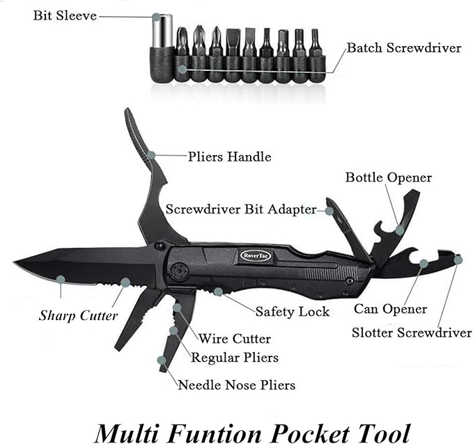 RoverTac Pocket Knife Multitool – 15-in-1 Folding Knife with Pliers, Screwdrivers & Bottle Opener – Multitool Knife with Safety Lock & Nylon Sheath for Camping, Hiking, Survival, EDC & Gifts for Men