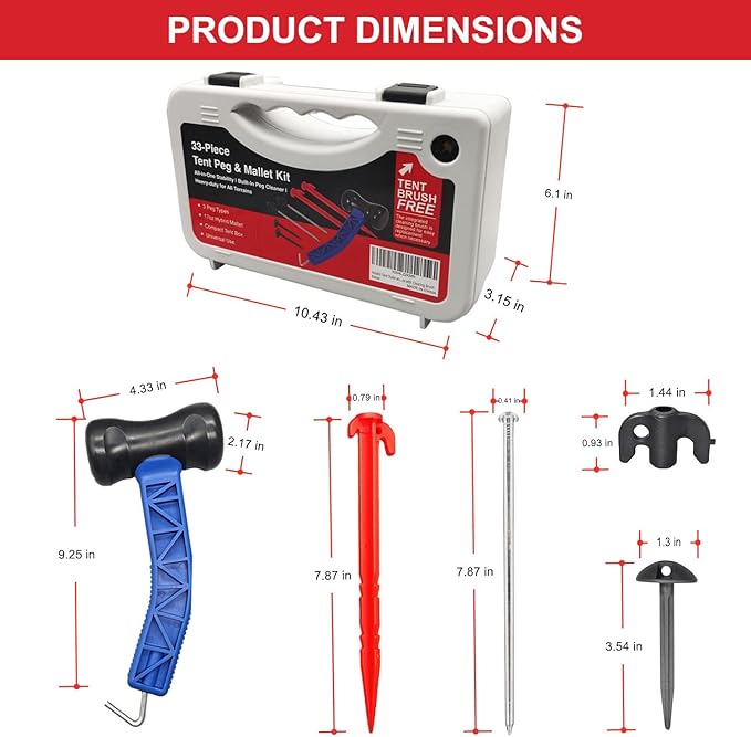 Tent Stakes Kit with Mallet – 33-Piece Camping Peg Set with Rubber Mallet, Plastic & Steel Stakes, Groundsheet Stakes & Peg Puller – Compact Carry Case for Camping, Tents & Canopies
