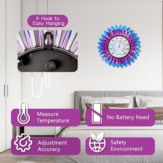 VEWOGITF Outdoor Thermometer, Metal Wall Themometer No Need Battery, Purple Blue Flower Indoor Thermometer with Large Number for Patio Room Decor