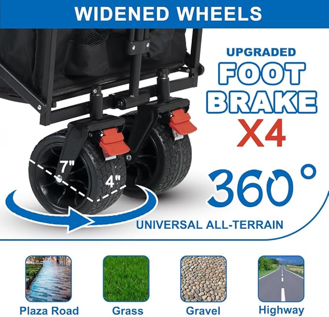 SKYMANOR Collapsible Wagon with Removable Canopy, 3-in-1 Heavy Duty Garden Cart with Big All-Terrain Wheels, Brakes, Adjustable Push Pull Handle, Cooler Bag, 300LBS Wagon Cart for Camping (Black)