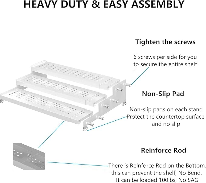 Expandable Spice Rack organizer with 3-Tier step shelf,Modern Design heavy duty,Non Skid and Visibility ,Great for Kitchen Cabinet,Bathroom,dressing table,Cupboard, Pantry and more(2PACKS/WHITE)