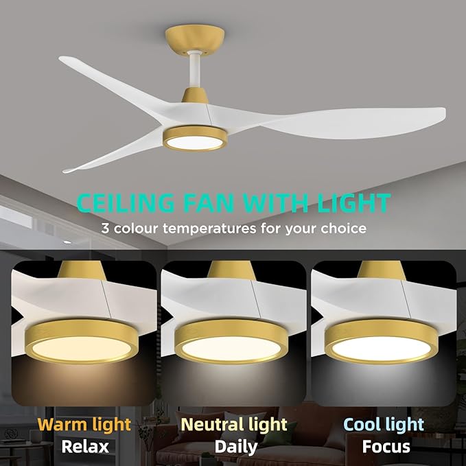 Roomratv Ceiling Fans with Lights,Large Airflow 52inch Modern Ceiling Fan with Quite Reversible DC Motor 3 Color Temperature LED Light (White Gold)
