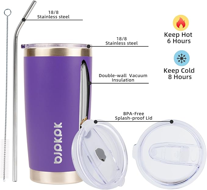 BJPKPK Insulated Tumbler With Lid And Straw 20 oz Stainless Steel Coffee Mug Thermal Cup,Purple