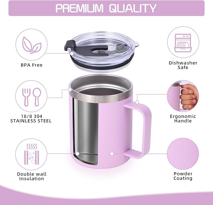Volhoply 12oz Insulated Leakproof Coffee Mug with Flip & Straw Lid Bulk 8 Pack,Double Wall Vacuum Stainless Steel Travel Tumbler Cup with Handle,Reusable Camping Keep Cold/Hot(Purple,8 Set)