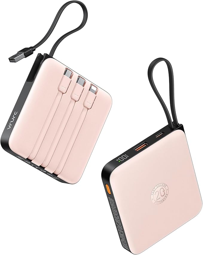 VRURC 20000mAh Power Bank Built-in Cables, Travel Essentials, Portable Charger 22.5W Fast Charging USB C Battery Pack, Phone Battery for iPhone 16 15 14 13 12 11 x Samsung Android Phone,Pink(1 Pack)