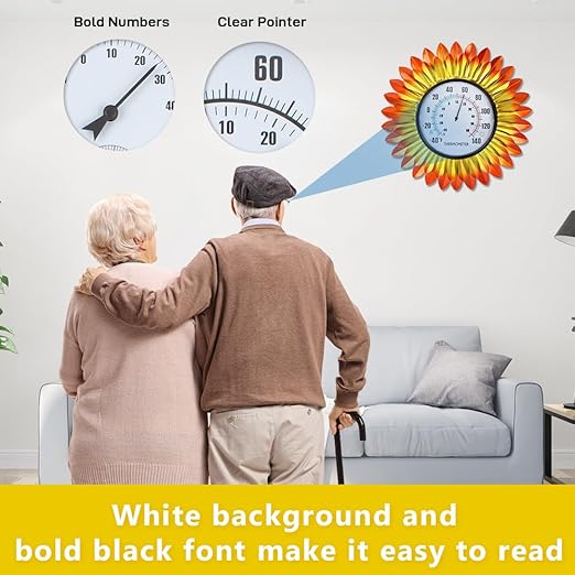 VEWOGITF Outdoor Thermometer, Metal Wall Themometer No Need Battery, Yellow Flower Indoor Thermometer with Large Number for Patio Room Decor