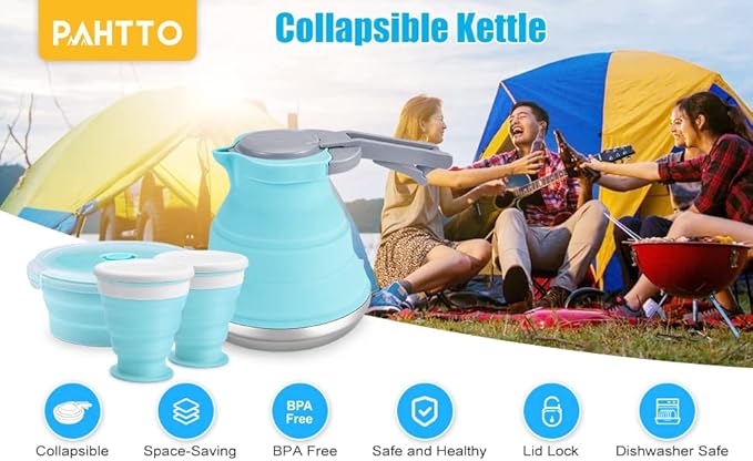 Portable Collapsible Camping Kettle, 1.5L/ 52OZ Foldable Silicon Coffee Pot for Outdoor Camping, Hiking, Traveling, with 1 Collapsible Bowl and 2 Collapsible Cups, Excellent Gift