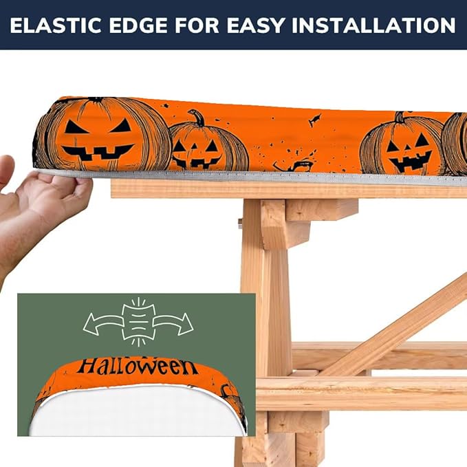 CAPSCEOLL Fitted Picnic Table Cover with Bench Covers with Elastic 8Ft Waterproof Picnic Table Cloths Windproof Outdoor Camping Tablecloth with Drawstring Bag, 96X30in, Happy Halloween