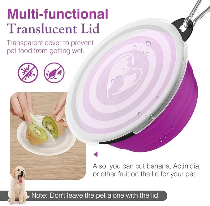 Pawaboo Collapsible Dog Bowls 2 Pack, Silicone Feeding Watering Bowls with Lids & Carabiners for Dogs Cats, Portable Water Feeder Food Bowl for Walking Traveling Home Use, Pink + Purple