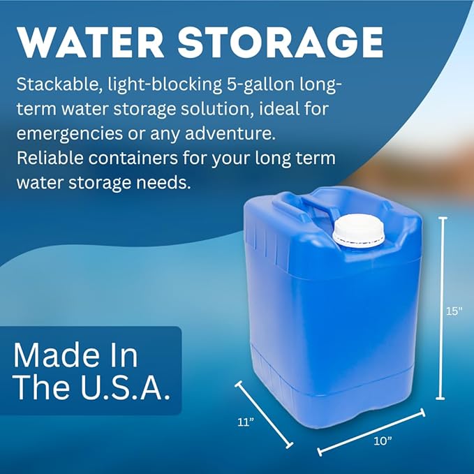 5-Gallon Stackable Water Storage Containers, w/Lids + Spigot, Easy Fill, Survial Supply, Emergency Water Storage for Camping and Disaster Preparedness, RV, Camping, 20 Gallon