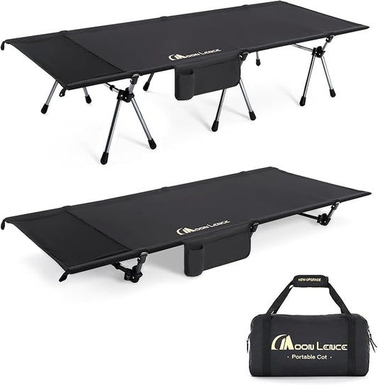 MOON LENCE Height Adjustable Camping Cot - Supports 330 lbs, Portable Folding Bed with Leg Extenders for Camping, Hiking, Sleeping, Black