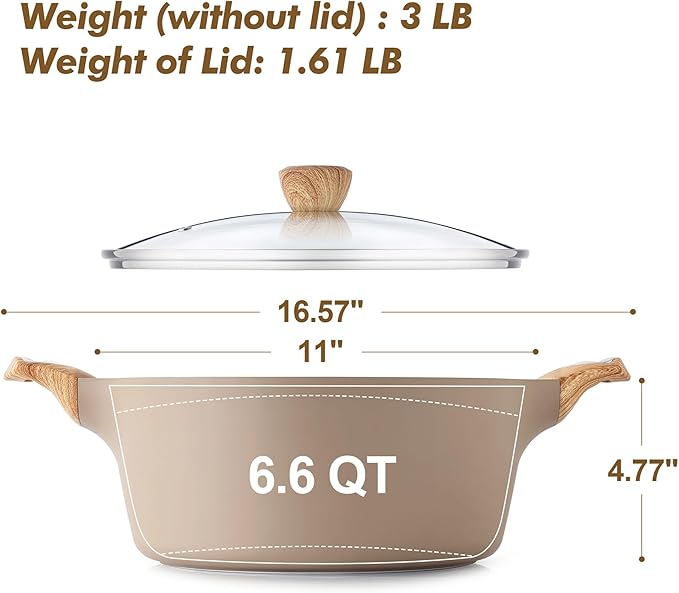 SENSARTE Ceramic Nonstick Stock Pot with Lid, 2.6/4.5/6.6 QT Soup Pot Casserole Pot, Non-toxic Healthy Pasta Pot, Large Cooking Pot Stew Pot, Induction Compatible, PFOA PFAS PTFE Free, Taupe