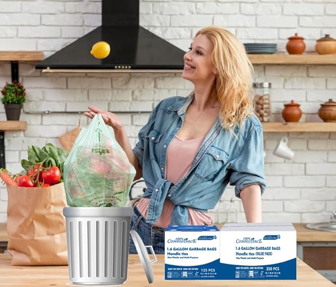 1.6 Gallon Compostable Trash Bags with Handle, 250 Count Small Compost Bags, Biodegradable Kitchen Garbage Bags, Food Scrap Waste Bags for Countertop Bin, ASTM D6400, US BPI Certified