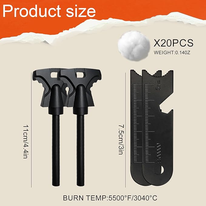 2PCS Magnesium Fire Starter with Striker, High Temp Magnesium Rod, Fire Starters for Survival Fire Steel Fero Rod, for Camping, Hiking and Emergency