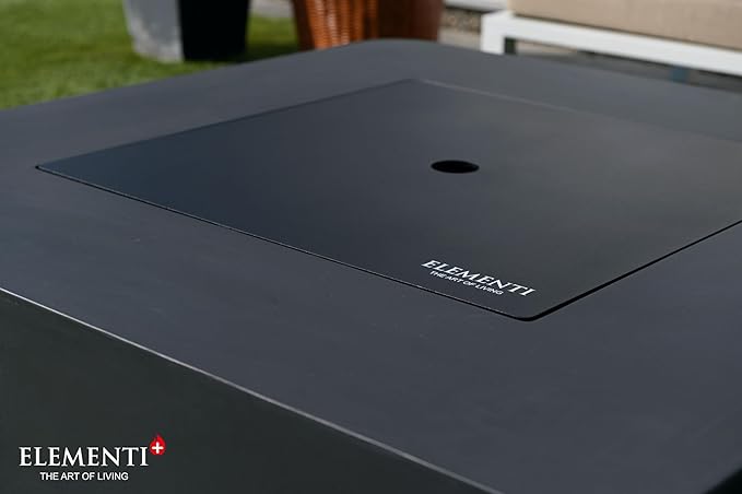 Elementi+ | Bergamo Gas Fire Pit Cast Concrete 42" Square Fire Table, Outdoor Fire Pit Electronic Ignition | Canvas Cover, Fire Glass and Burner Lid Included | Dark Gray | Propane Gas