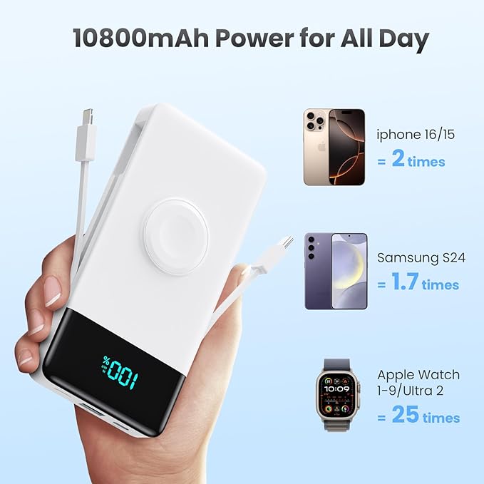 Portable Charger for iPhone with Built in Cables & Wall Plug,6-in-1 10800mah Power Bank with iWatch Charger,22.5W PD Fast Charging LCD Display Battery Pack for iPhone 16/15,Android,Apple Watch-White