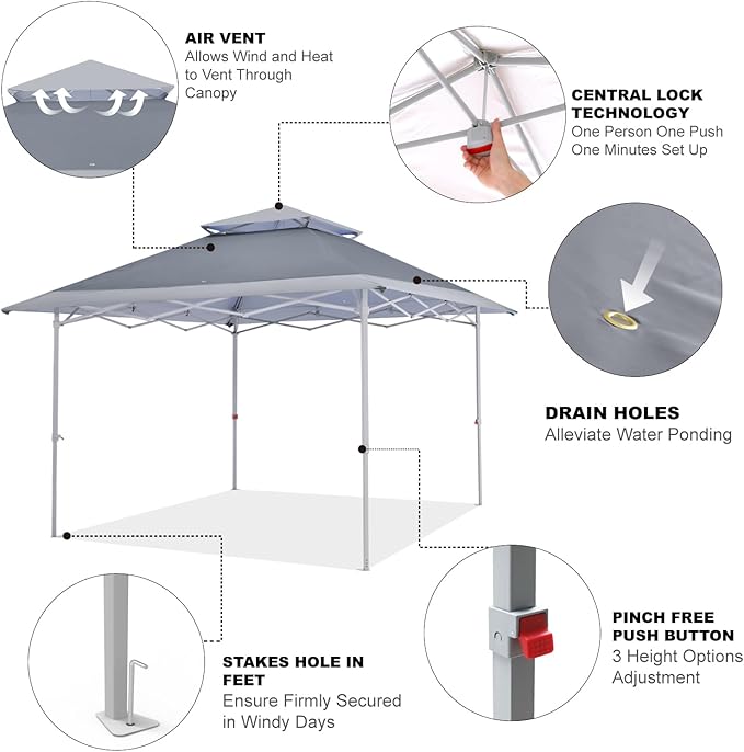 COOSHADE 13x13Ft Pop Up Canopy Tent Instant Folding Shelter 169 Square Feet Large Outdoor Sun Protection Shade(Grey)