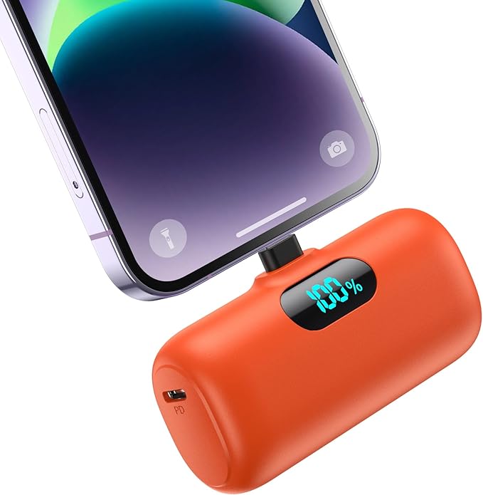 Small Portable Charger for iPhone, Upgraded 5000mAh PD Fast Charging Power Bank, Mini Plug-in Battery Pack Backup Charger Compatible with iPhone 14/14 Pro Max/13/13 Pro/12 Pro/11/XS/XR/X/8/7/6-Orange