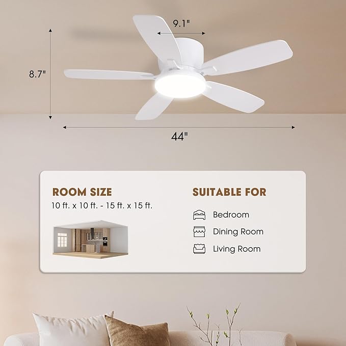 Ceiling Fans with Lights, 44" Low Profile Ceiling Fan with Light Remote Control, 6 Speed 35dB Ultra Quiet Smart Ceiling Fan with Reversible DC Motor, Dimmable 3CCT LED for Bedroom/Living Room (White)