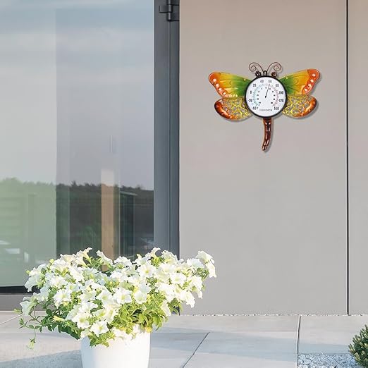 16.5" Outdoor Thermometer, Dragonfly Indoor Thermometer No Need Battery, Metal Wall Thermometer for Patio Room Decor