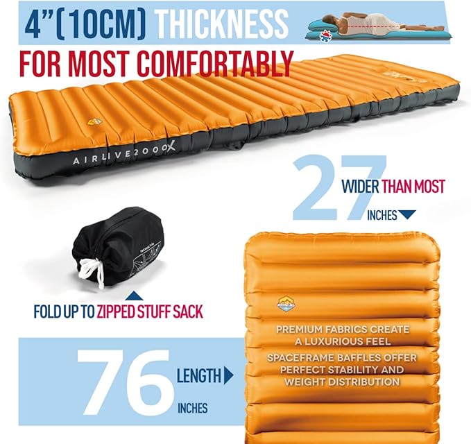 ZOOOBELIVES 3D Wrapping Inflatable Camping Sleeping Pad with Built-in Pump, Extra Thick and Wide, Ultimate Comfortable Compact Camp Air Mat for Tent, Car Traveling and Backpacking - Airlive2000X
